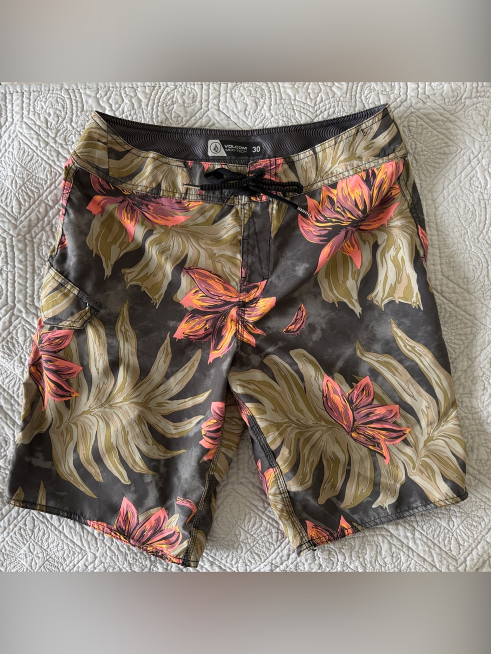 Volcom Men's Floral Board Shorts - Black with Coral & Olive